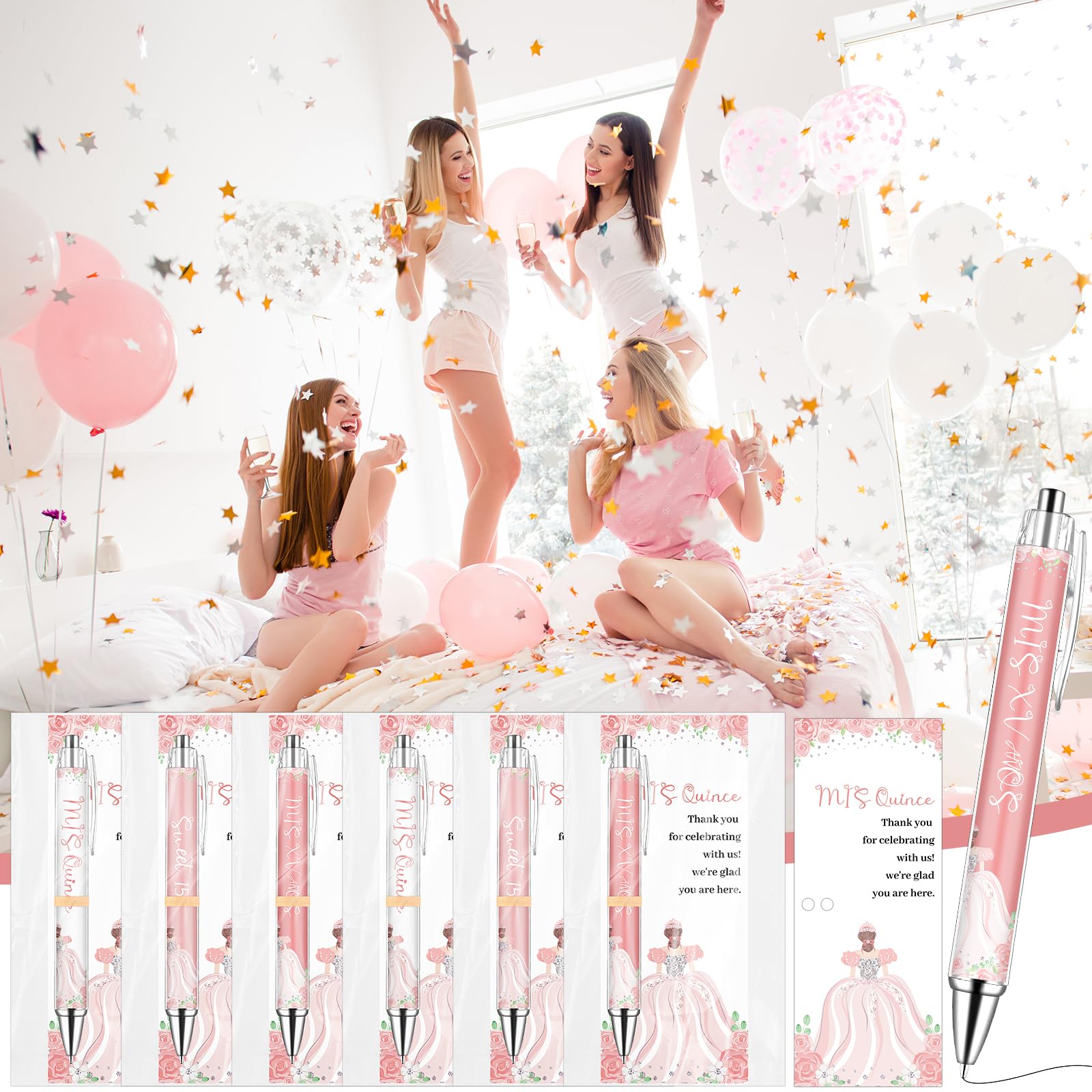 30 Set Quinceanera Party Favors Include Sweet 15 Ballpoint Pens Thank You Cards Gift Bags Quinceañera Gifts Black Ink Pen Thank You Gifts for 15th Birthday Party Mis Quince Guests Souvenir