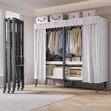 Foldable Clothe Rack with Cover and Wheel Heavy-Duty Portable Closet Wardrobe Freestanding Metal Clothing Rack Armoire Rolling Garment Racks Closet System Gray Zipper, 59in