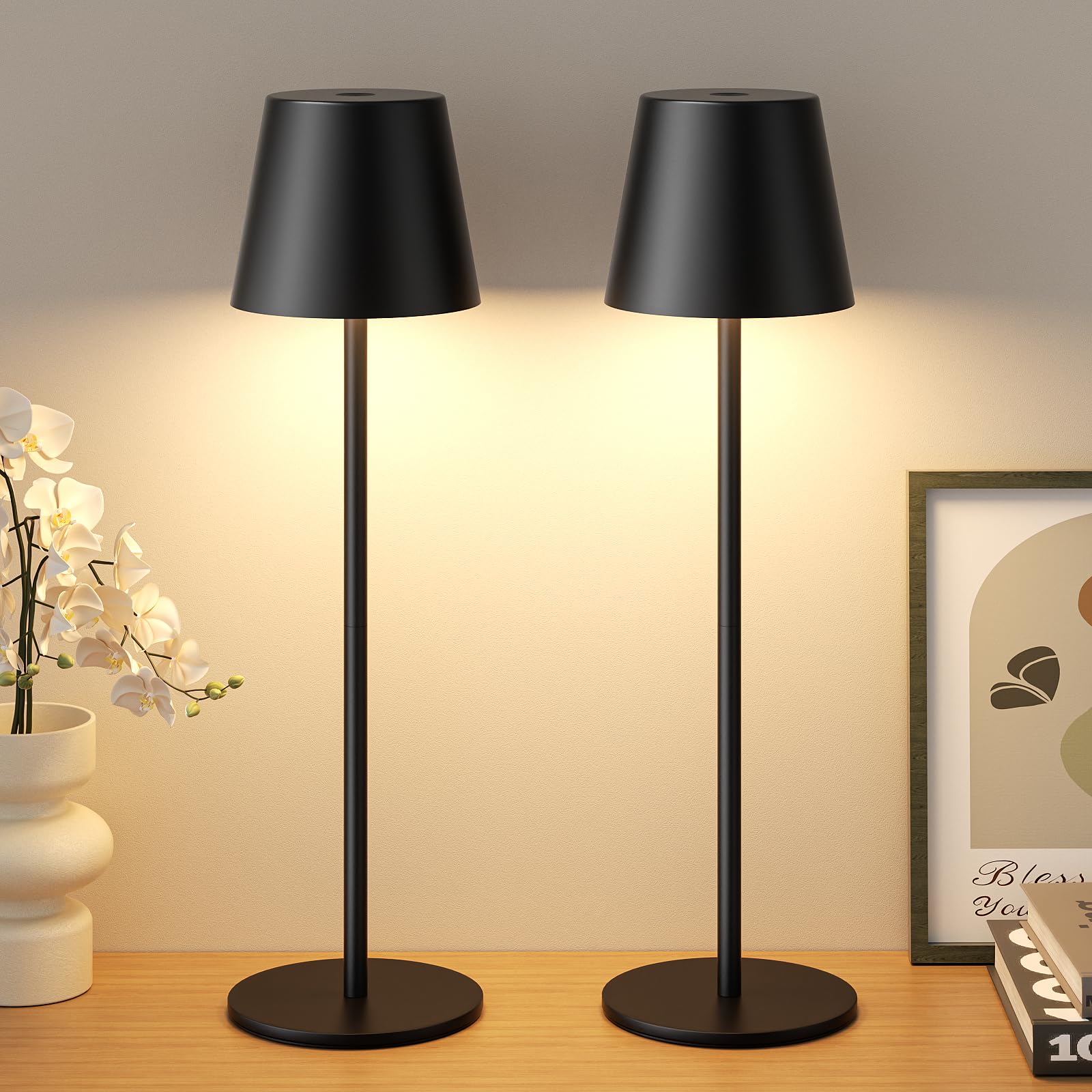 Tischlampe Kabellos 2 Stück, Touch, LED Akku Lampe für Outdoor Indoor | Nachttischlampe mit 3 Farbtemperaturen, Tischleuchte Dimmbar, 5000mAh, USB-C, Schwarz, für Garten Nachttisch Esstisch