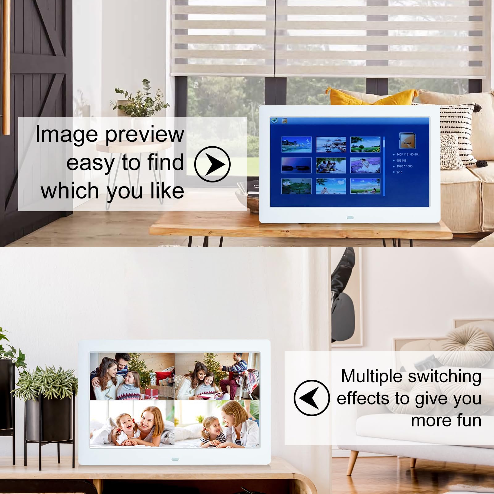 Cornice digitale da 10,5 pollici, 1280 x 800P, cornice elettronica, Music Photo Video Player con telecomando/multi-presentazione/calendario/orologio funzione allarme bianco, supporta
