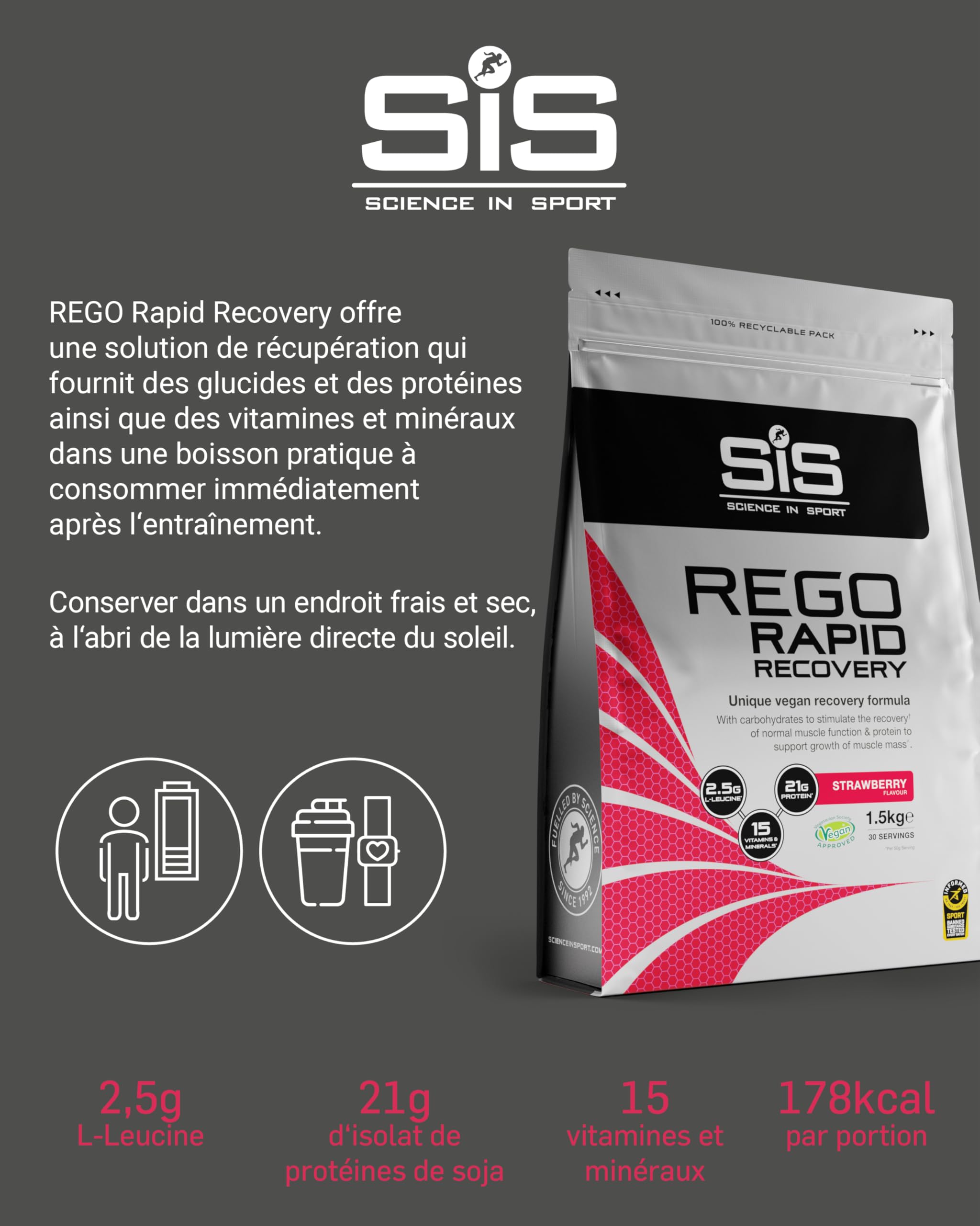Science in Sport Rego Rapid Recovery Poudre 1,5kg Fraise Vegan - Poudre récupération avec glucides, protéines, électrolytes, vitamines et minéraux, soutient un entraînement efficace