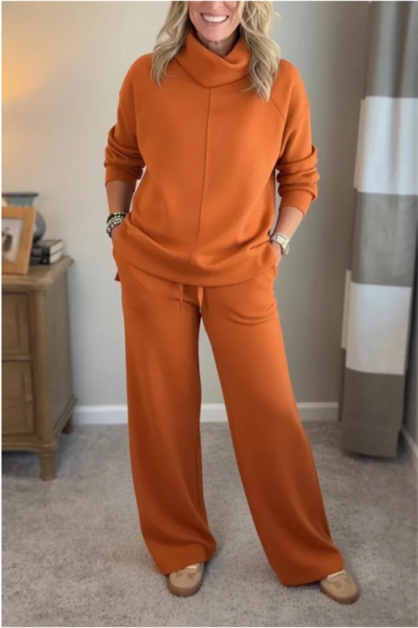 Conjunto deportivo de 2 piezas para mujer, conjunto de sudadera de cuello alto de gran tamaño, conjunto de pantalones de pierna ancha, ropa de descanso, viajes, ropa de descanso