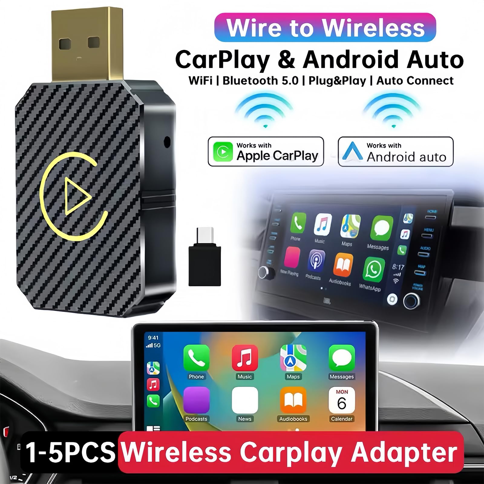 Adattatore per Carplay e auto, Convertitore CarPlay/Android Auto Cablato in Wireless, USB C/A, Plug and Play, Stabile