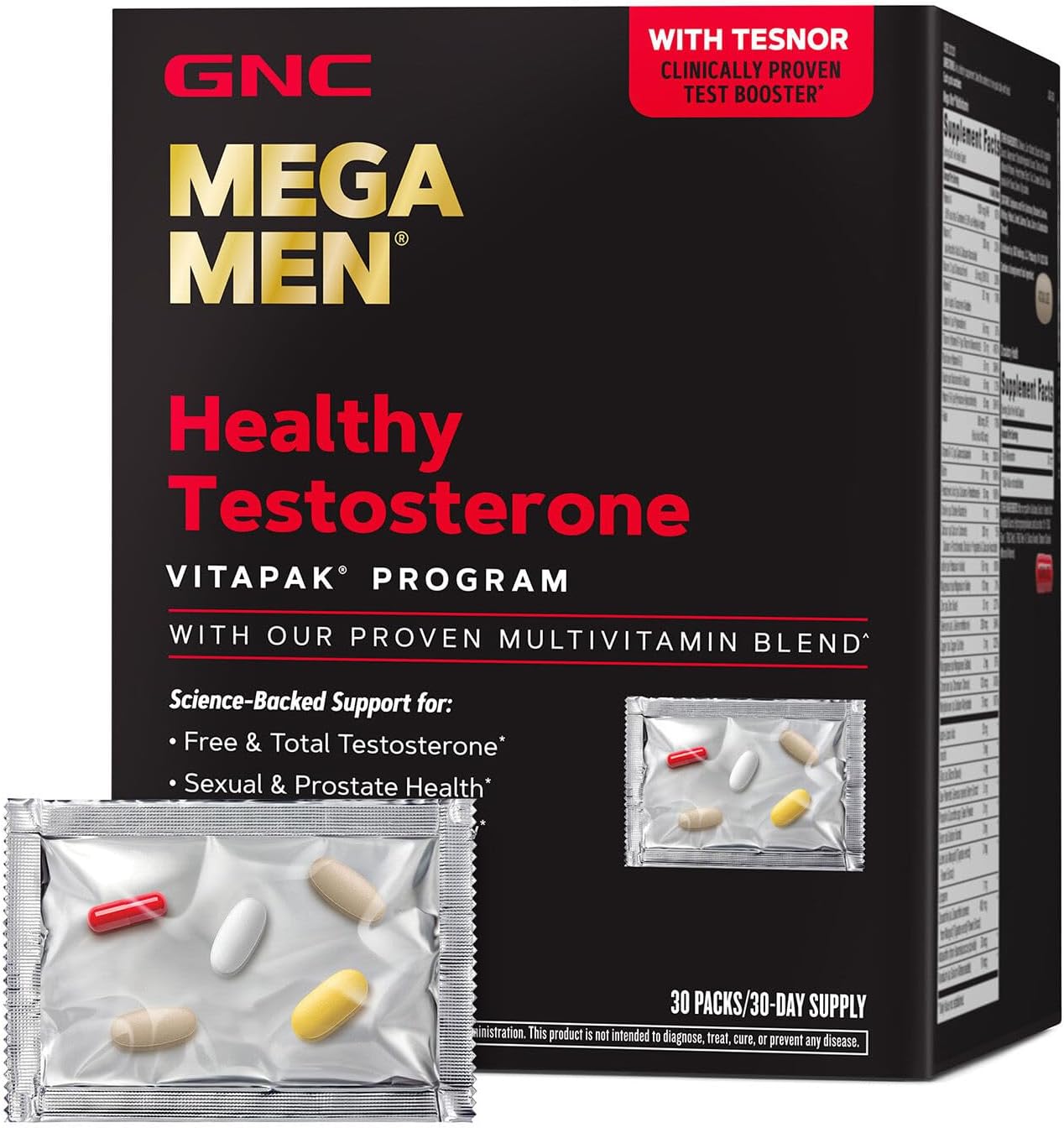 GNC Mega Men Healthy Testosterone Program, Complete Nutrition 4 Products in 1, Boost Free and Total Testosterone, Blood Flow, 30 Daily Packs