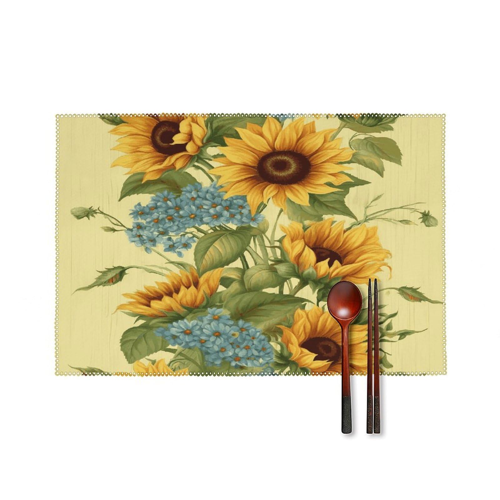 Sunflowers Placemat Set of 6,Thickened Non-Slip Place Mats Heat Resistant Reversible Table Mats Resistant Washable Place Mat for Kitchen Dining Table Decoration Indoor