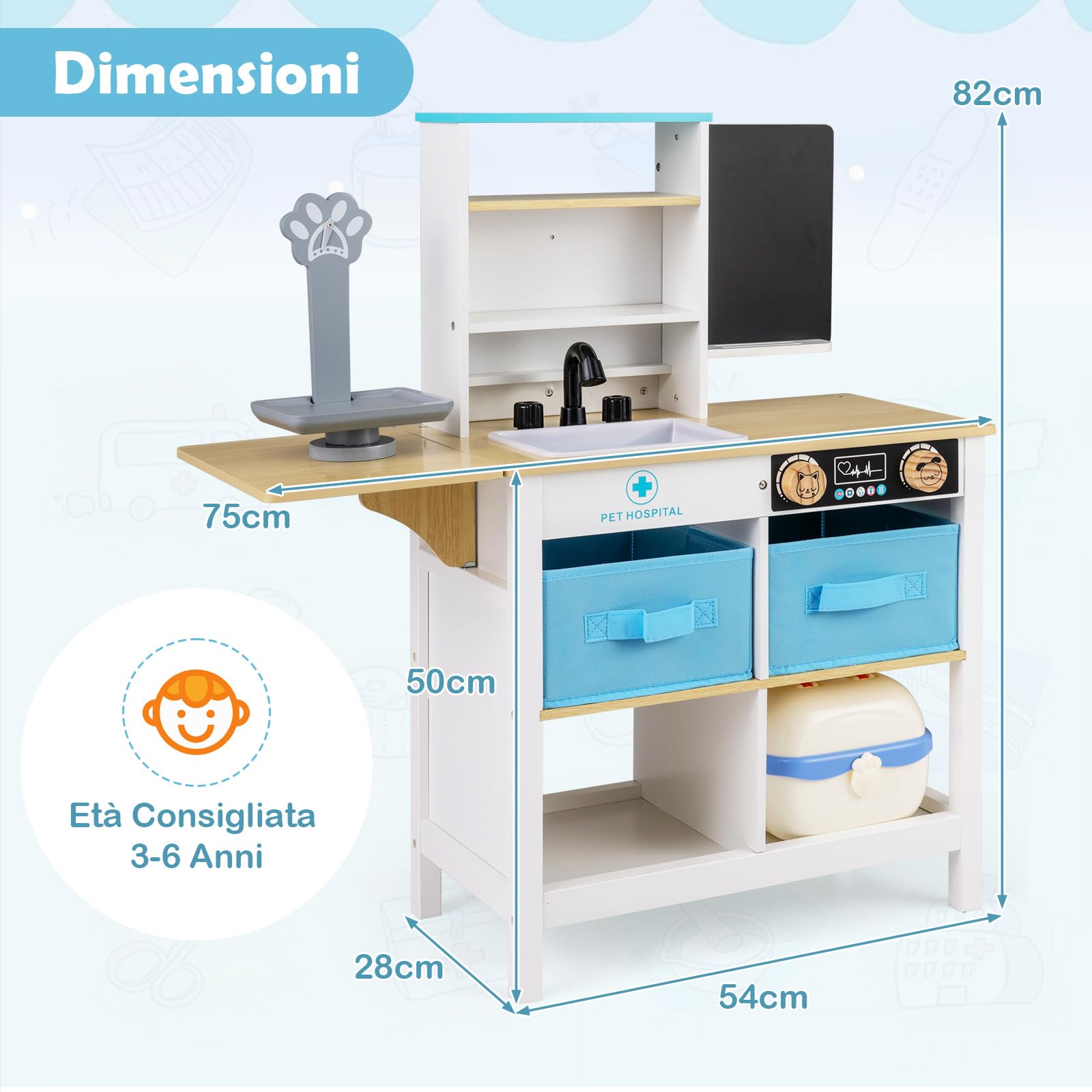 COSTWAY Kit Medico Giocattolo in Legno, Centro Veterinario Pieghevole con Bilancia Animali e 22 Accessori, Gioco Educativo Simulazione Dottore, Regalo per Bambini 3-6 Anni (Bianco)