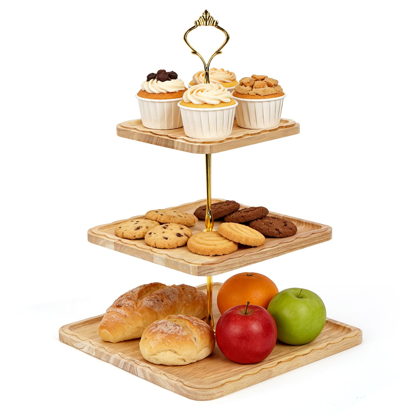 3 Tier Cake Stand, Wooden Afternoon Tea Stands Tiered Cupcake Stand for Dessert Display Wedding Birthday Party Baby Shower (Square, 3 Tier Cupcake Stand)