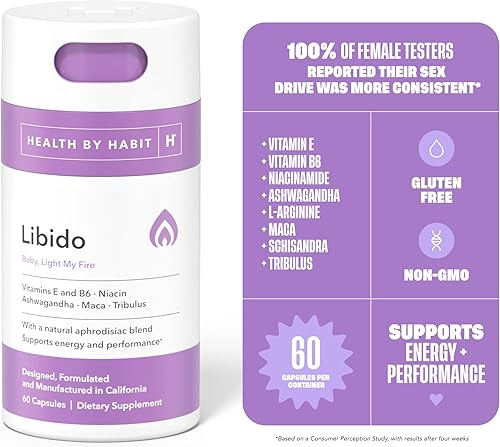Miniatura 5 de Health by Habit Libido Blend 2 unidades (60 cápsulas), mezcla afrodisíaca natural con maca, ashwagandha, vegano, sin OMG, sin azúcar, blanco