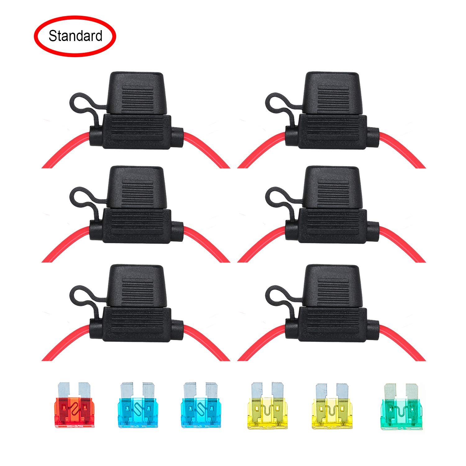 VANTRONIKWaterproof Inline Fuse Holder 6 Pack for Standard Fuse, UL1015 14 Gauge AWG Wire 12 Inches, Fit for ATO ATC Medium Blade Fuse