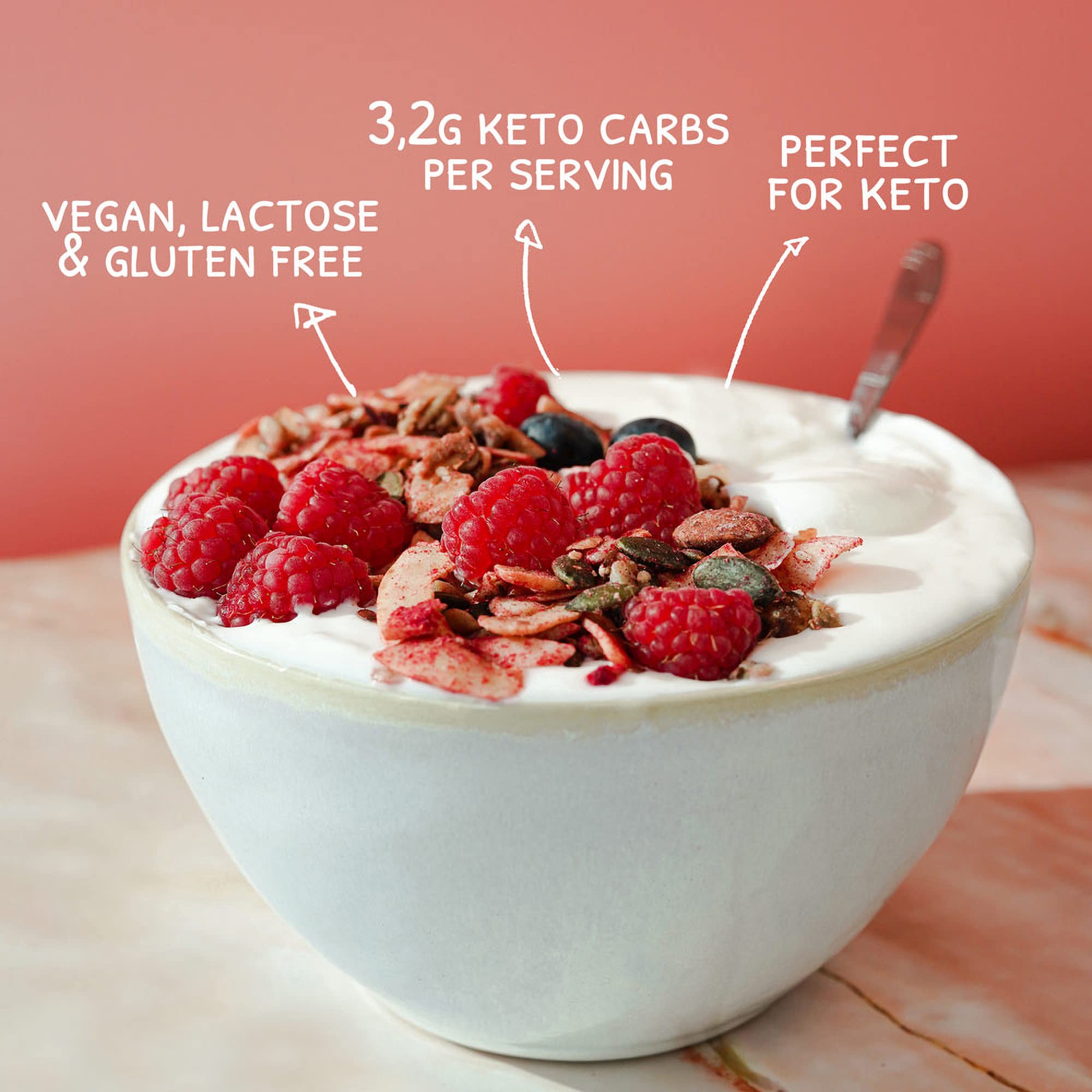 Go-Keto BIO Keto Granola Raspberry 6x 290g - Low Carb Keto Muesli para un delicioso desayuno keto, con chips de coco, nueces, frutas, semillas de girasol y de calabaza, vegan, sin gluten, sin lactosa