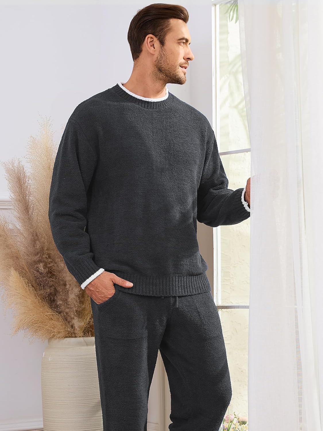 Snuggle Sac Mens Pajamas Set Fleece Winter Sleepwear Fuzzy Long Sleeve Soft Loungewear Sets with Pockets - Image 4