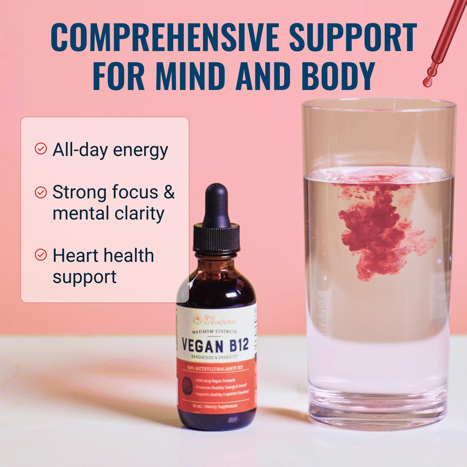 Live Conscious Vegan Vitamin B12 Sublingual Liquid Drops | Methylcobalamin Max Strength B12 5000mcg Formula | Vegan B 12 Vitamin Support Energy | Promote Memory & Aid Immune System | 60 Serving — Amazon image 3