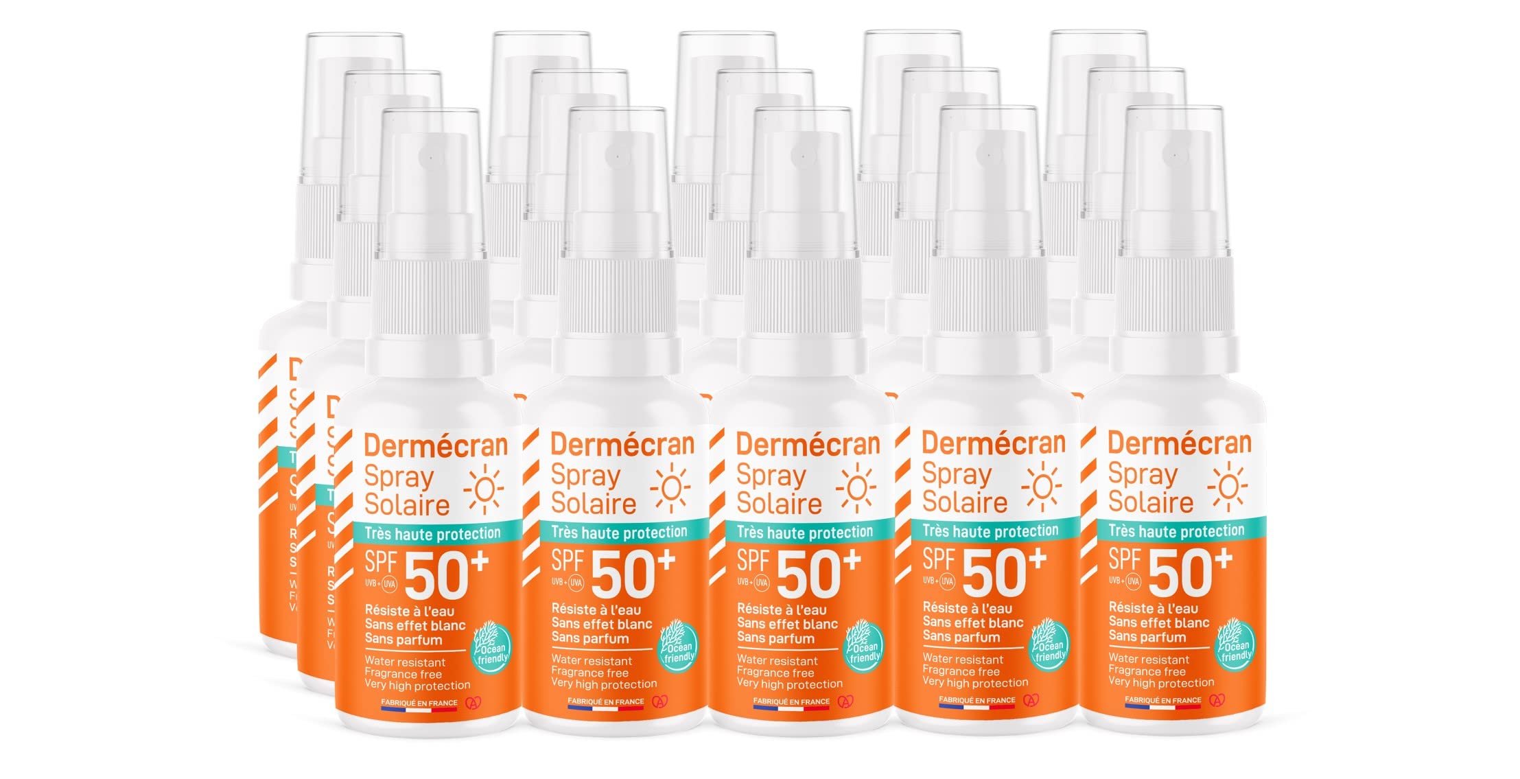 Lot de 15 - Dermécran - Spray solaire SPF50+ - Visage et corps - Formule Ocean Friendly - Résiste à l'eau - Pour toute la famille dès 3 ans - Fabriquée en France - Spray de 50 ml