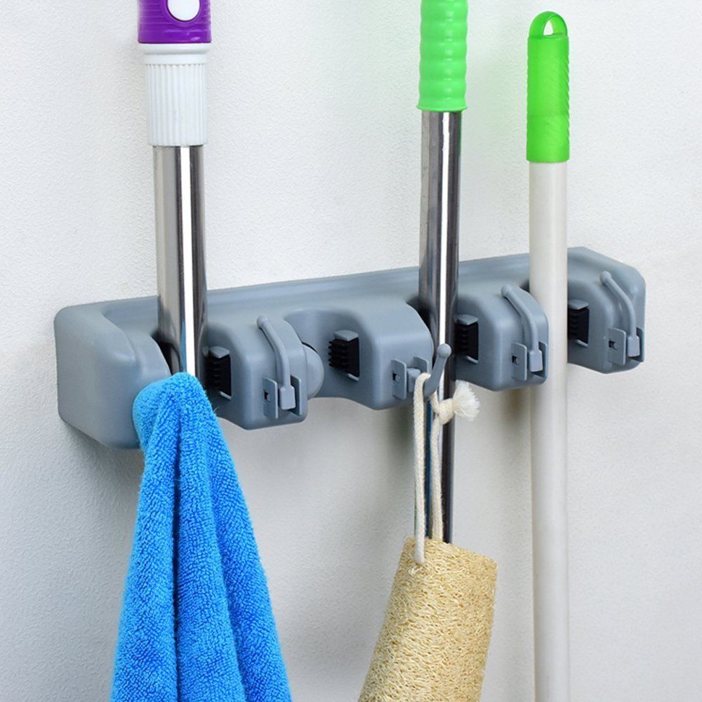 MURTISIDDH Mop and Broom Holder, Multipurpose Wall Mounted Organizer Storage Hooks, Ideal Broom Hanger for Kitchen Garden and Garage (4 Position 5 Hooks) 1