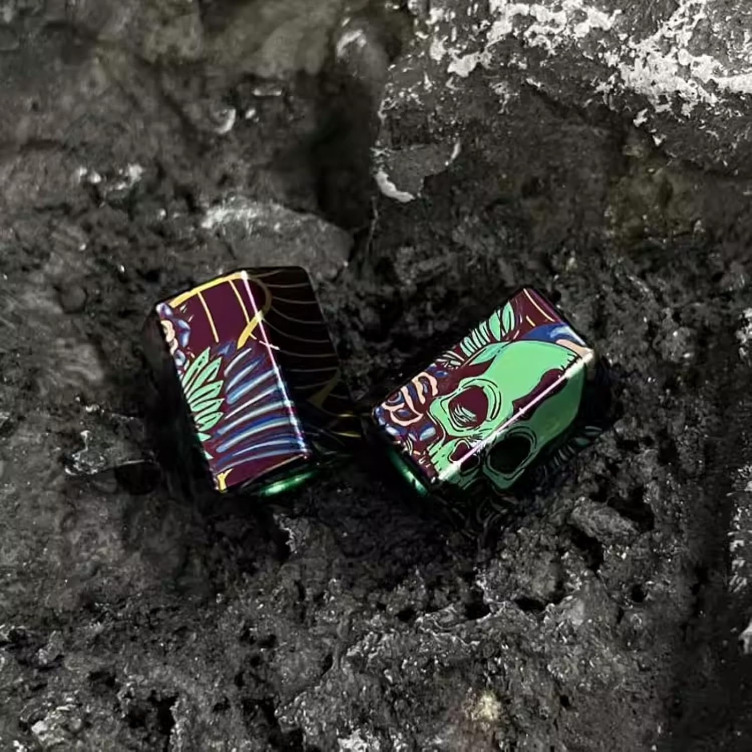 Colorful Dark Skull Pattern TC4 Titanium Geometry Cylindrical Square Paracord Knife Beads,EDC DIY Bracelet Outdoor Tool Backpack Flashlight Car Keychain Pendant Zipper Accessories