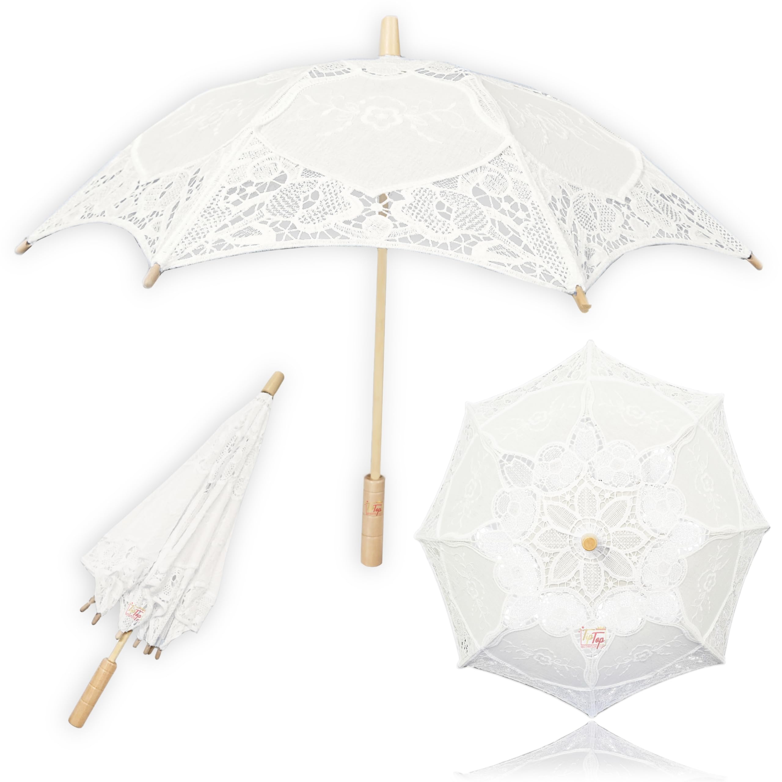 Premium Handcrafted Small Wooden Cotton Lace Parasol Bridal Wedding Umbrella (27 inch Canopy)