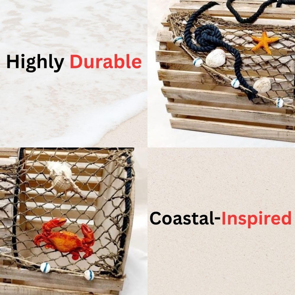 Decorative Lobster Trap Nautical Coastal Decor – Distressed Wood with Fishnet, Seashells, Crab & Starfish Accents – Perfect Beach House, Boat Decoration – Unique Ocean-Themed Gift for Sea Lovers
