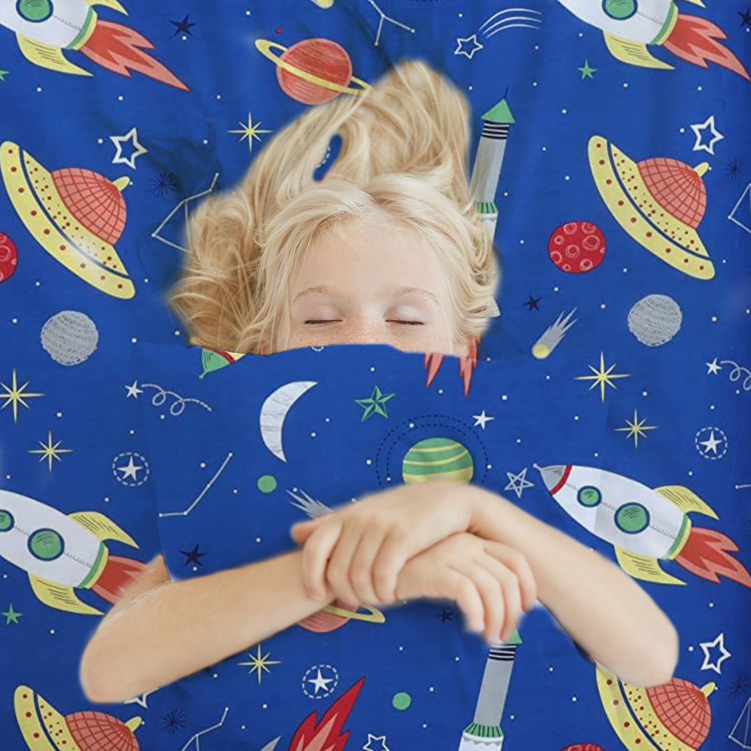 Indus Textiles Juego completo de funda de edredón para niños y niños, sábana bajera ajustable y fundas de almohada a juego, 100% algodón suave, reversible, azul espacial, juego completo individual