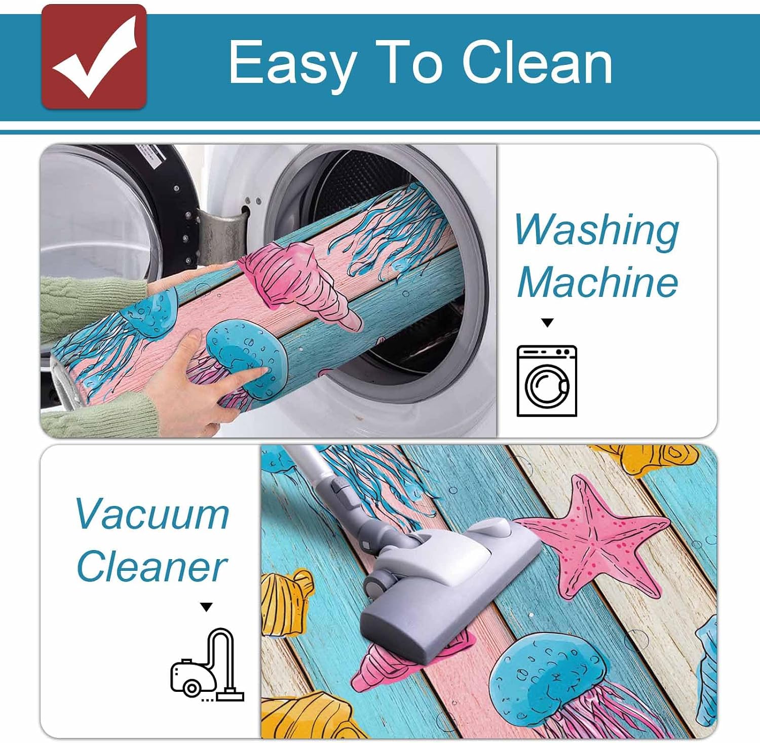 Prime Leader Ocean Kitchen Mat Set 2 Pieces Nautical Pink Blue Yellow Jellyfish Starfish Shell Wood Grain Non Slip Kitchen Rugs Washable Runner Rug Mats for Sink Laundry (19.7" x 31.5"+19.7" x 63")