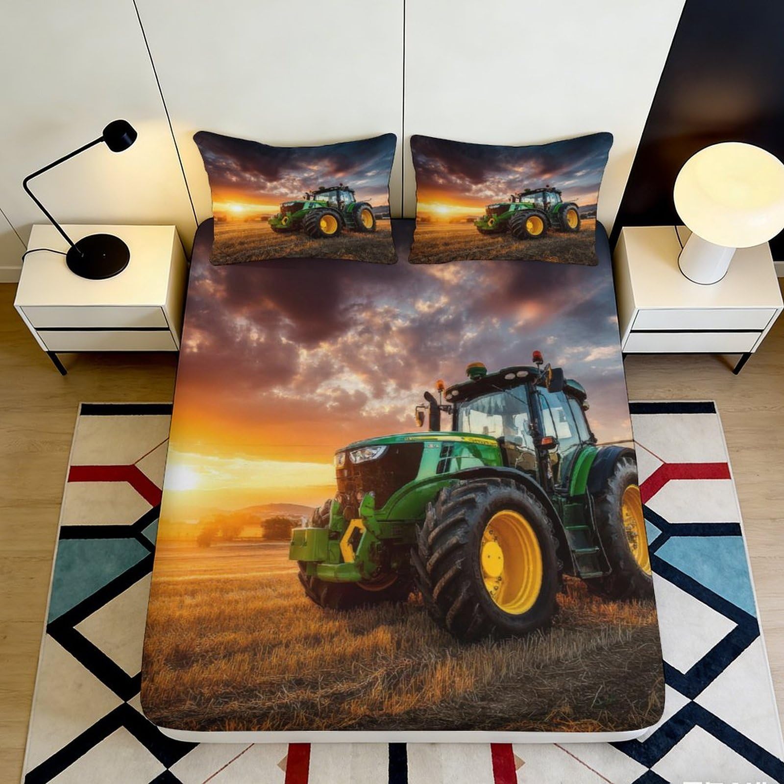 3D Printed Tractor Sunset Fitted Sheet Microfiber Soft Farm Field Bed Cover for Bedroom Guest Room Mattress Decor 90x200x25cm