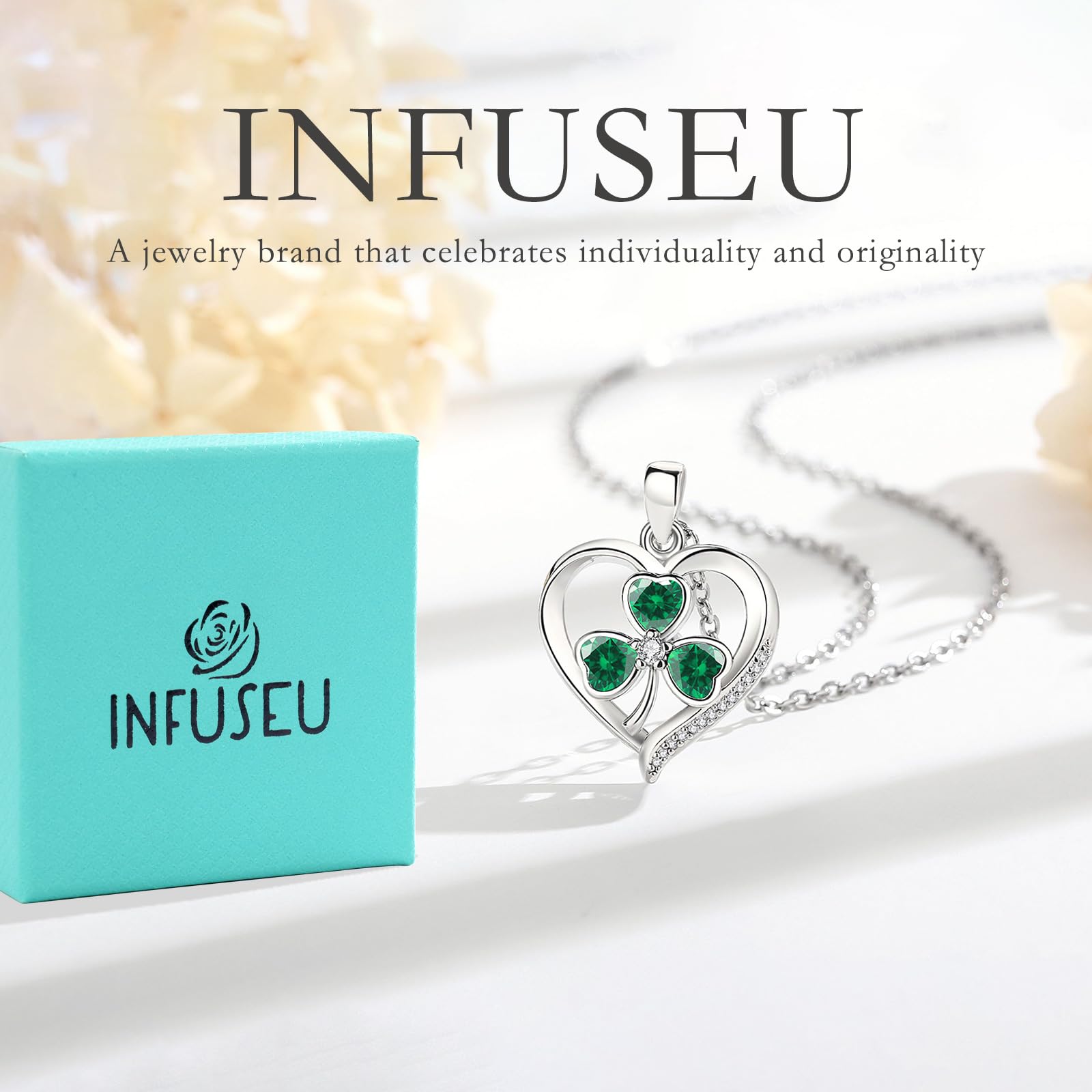 INFUSEU Collana con trifoglio irlandese gioielli da donna trifoglio verde cuore pietra zirconia ciondolo piccolo regalo buona fortuna catena in argento Sterling 45,7 cm
