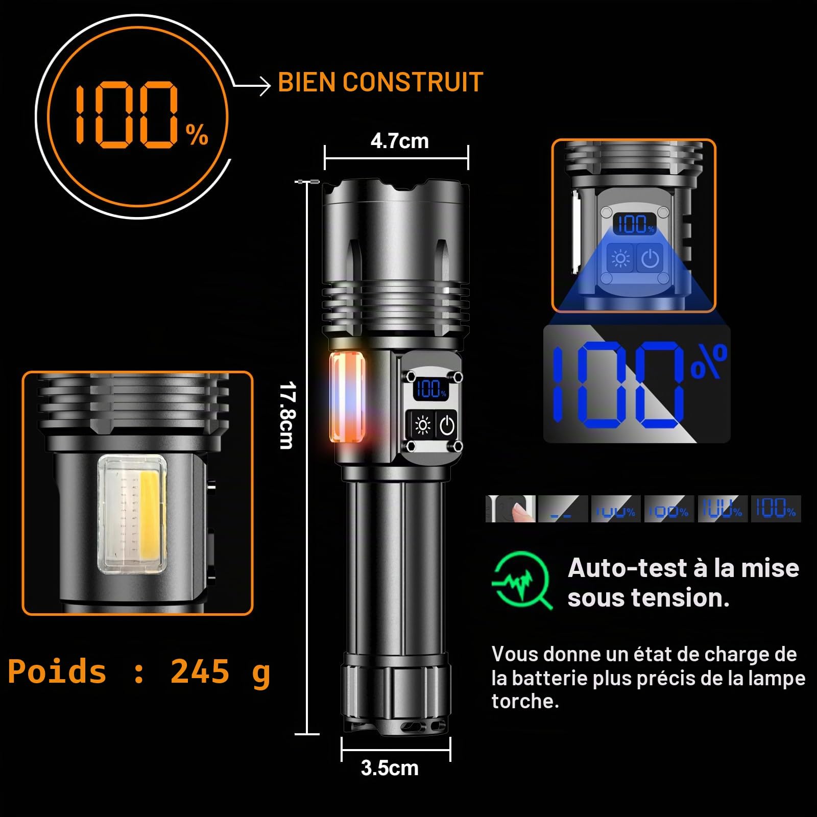 Relybo Lampe Torche Led Ultra Puissante, 1000000 Lumens Lampe De Poche Led Ultra Puissante, 9 Modes & Éclairage Latéral Cob, Lampe Torche Rechargeable Usb, Lampe Tactique Pour Camping Urgence