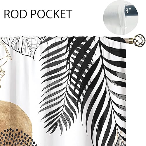 Miniatura 5 de oolygoo Cortinas de cocina pequeñas abstractas de hojas negras y doradas, tratamiento de ventana de palmera de hojas bohemias botánicas de mediados