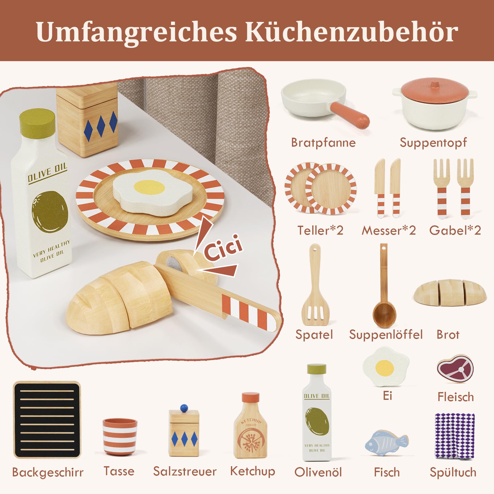 Lehoo Castle Kinderküche Holz, Spielküche mit Spielzeugtöpfen und -Pfannen, Kinder Küche mit Kochset, Puppenküche, Spielzeug ab 3 Jahre Mädchen Jungen