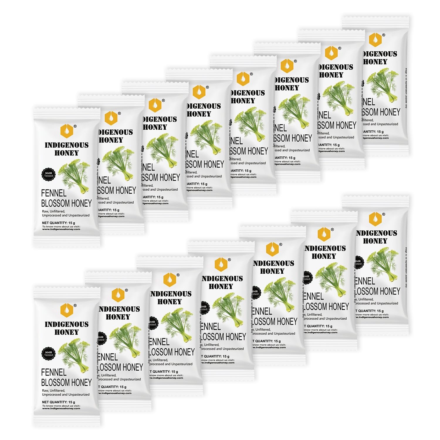INDIGENOUS HONEY Raw Fennel Honey Pure Organic Natural Unprocessed Added Sugar Free NMR Tested Unpasteurized Unheated 15 Travel Sachets 15g Each Total 225g