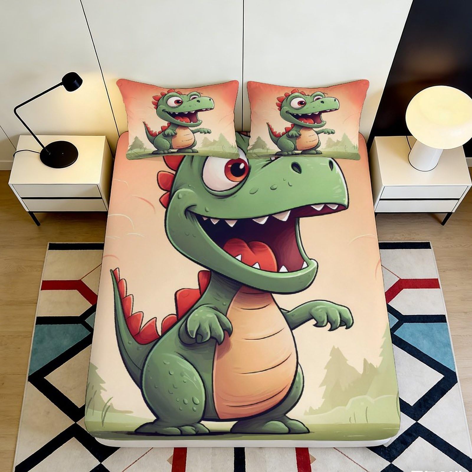 3D Printed Cartoon Dinosaur Fitted Sheet Microfiber Soft Green Animal Bed Cover for Bedroom Guest Room Decor 90x200x25cm