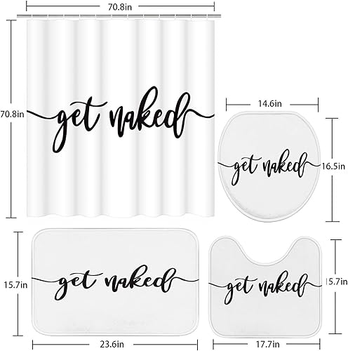 Miniatura 5 de ArtSocket Juego de 4 cortinas de ducha Get Naked con fondo blanco negro con alfombras antideslizantes, cubierta para tapa de inodoro y tapete de