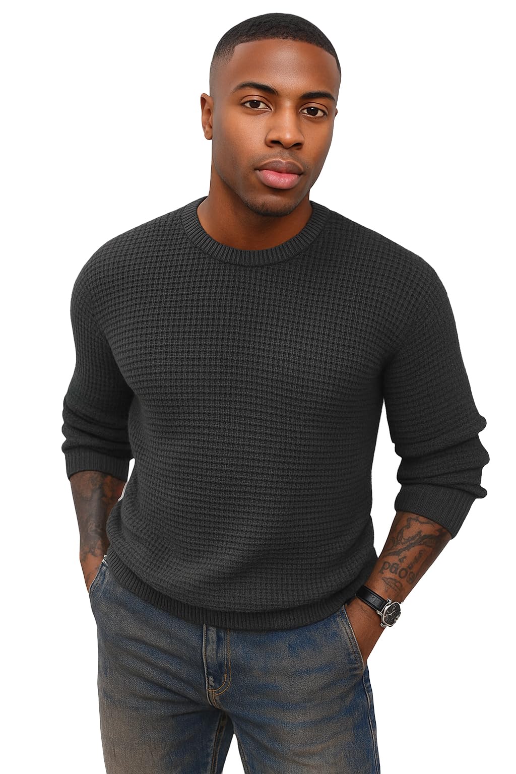 Mens Crewneck Pullover Sweater Waffle Textured Long Sleeve Knitted Sweaters