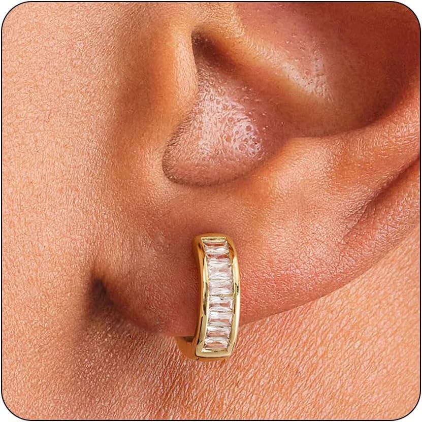 Hoop Earrings for Men | 14K Gold Plated Cartilage Huggie Earrings, Hypoallergenic Lightweight CZ Inlaid for Sensitive Ears