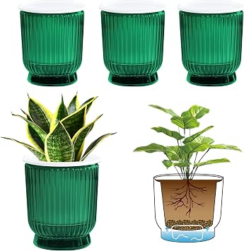 T4U 4.8 Inch Self Watering Plant Pot, 4 Pack Self Watering Pots, Self Watering Planter with Reservoir, Small Self Watering Pots for Indoor Plants, African Violets 4 Pack, 4.8", Translucent Green