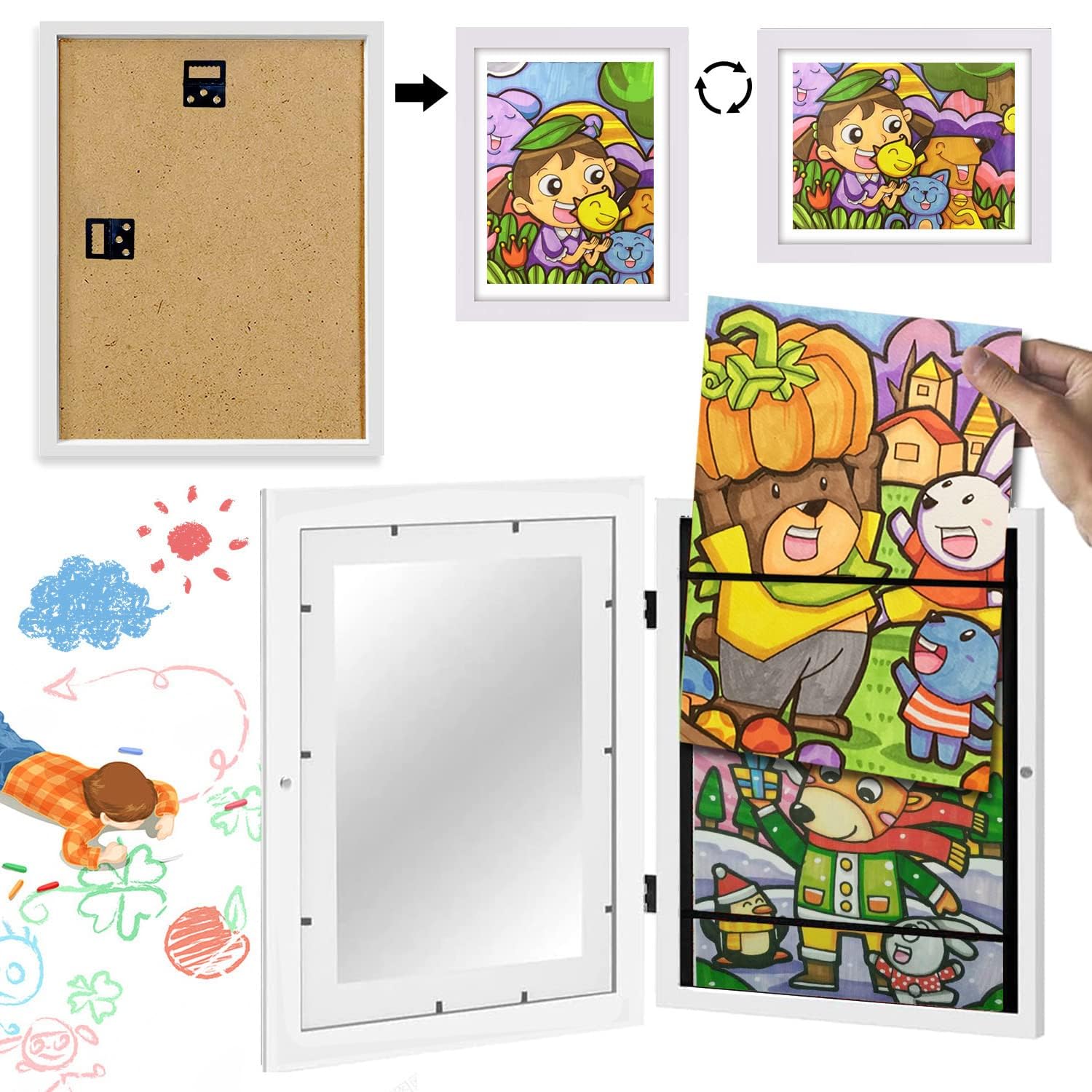 NAWOKEENY Kids Art Frames, Kids Artwork Display Frame Front Opening A4, Children Picture Frame Storage Frames for 100+ A4 Pictures, Horizontal & Vertical Display or Hang Kids Drawing Crafting (White)