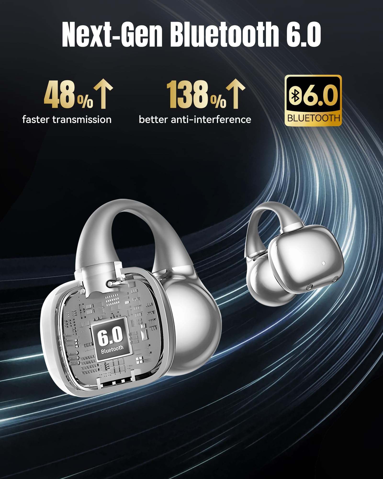 King Lucky Next-gen - Auriculares inalámbricos Bluetooth 6.0 con micrófono, 50H Play, ENC, IPX5 impermeable, auriculares deportivos, cómodos para orejas pequeñas y fitness, correr (plata