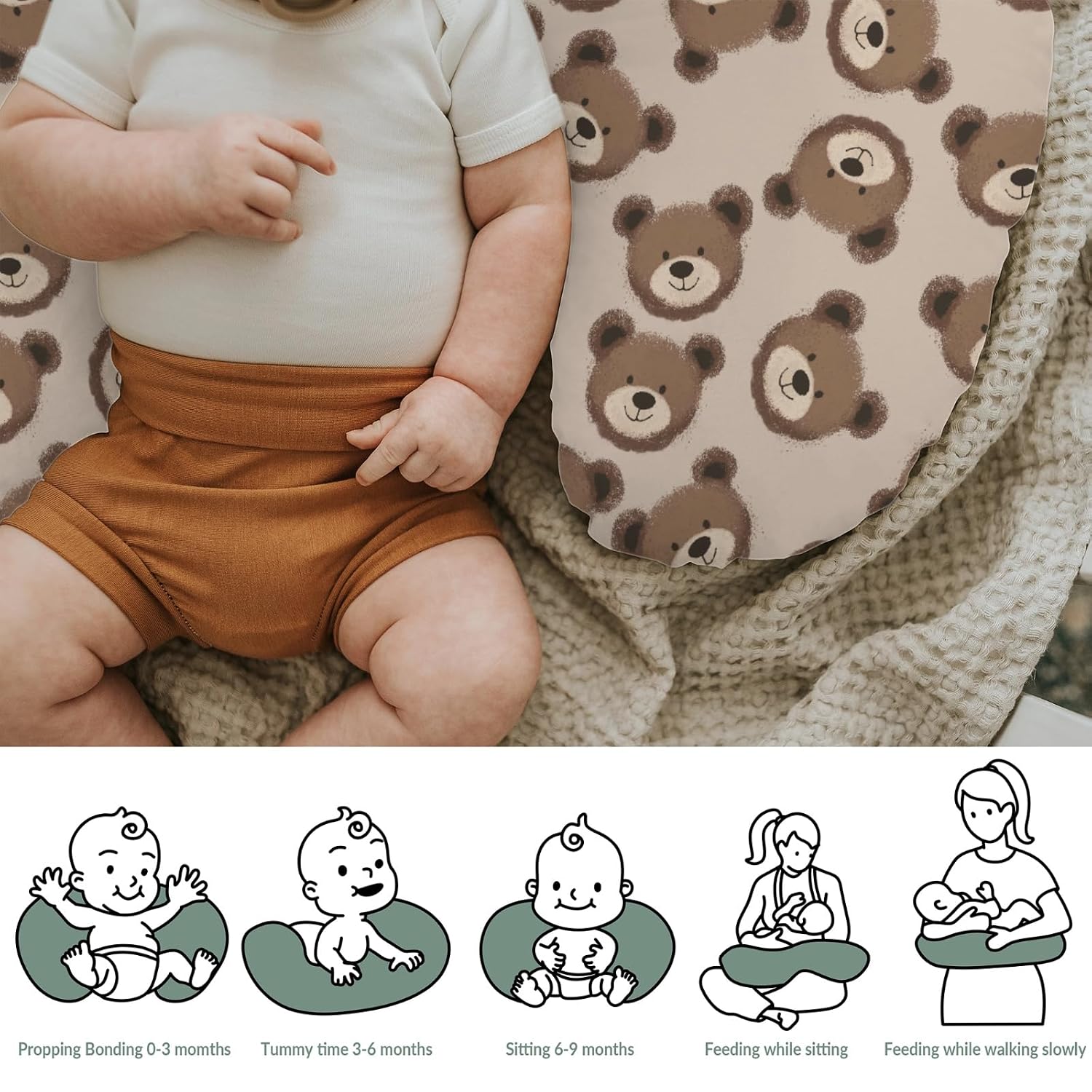 Neutral Boho Bears Baby Nursing Pillow Covers for Boy Girl Cute Brown Bear Nursing Pillow Slipcovers for Breastfeeding Pillows Watercolor Bears Soft Stretchy Slipcover for Newborn Infant