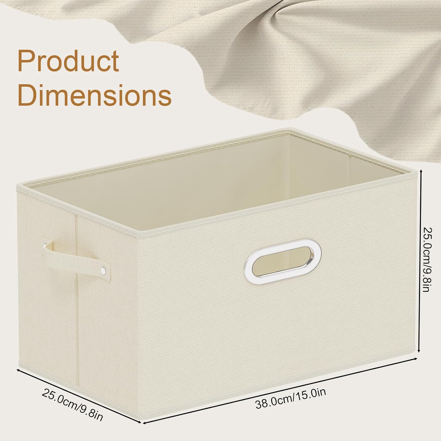 Foldable Cloth Basket with 4 Handles, Decorative Open Storage Boxes, Stackable Cube Organization, Fabric Bins for Shelves, Closet, Living Room, 15x9.8x9.8in, Beige, 4 Pack