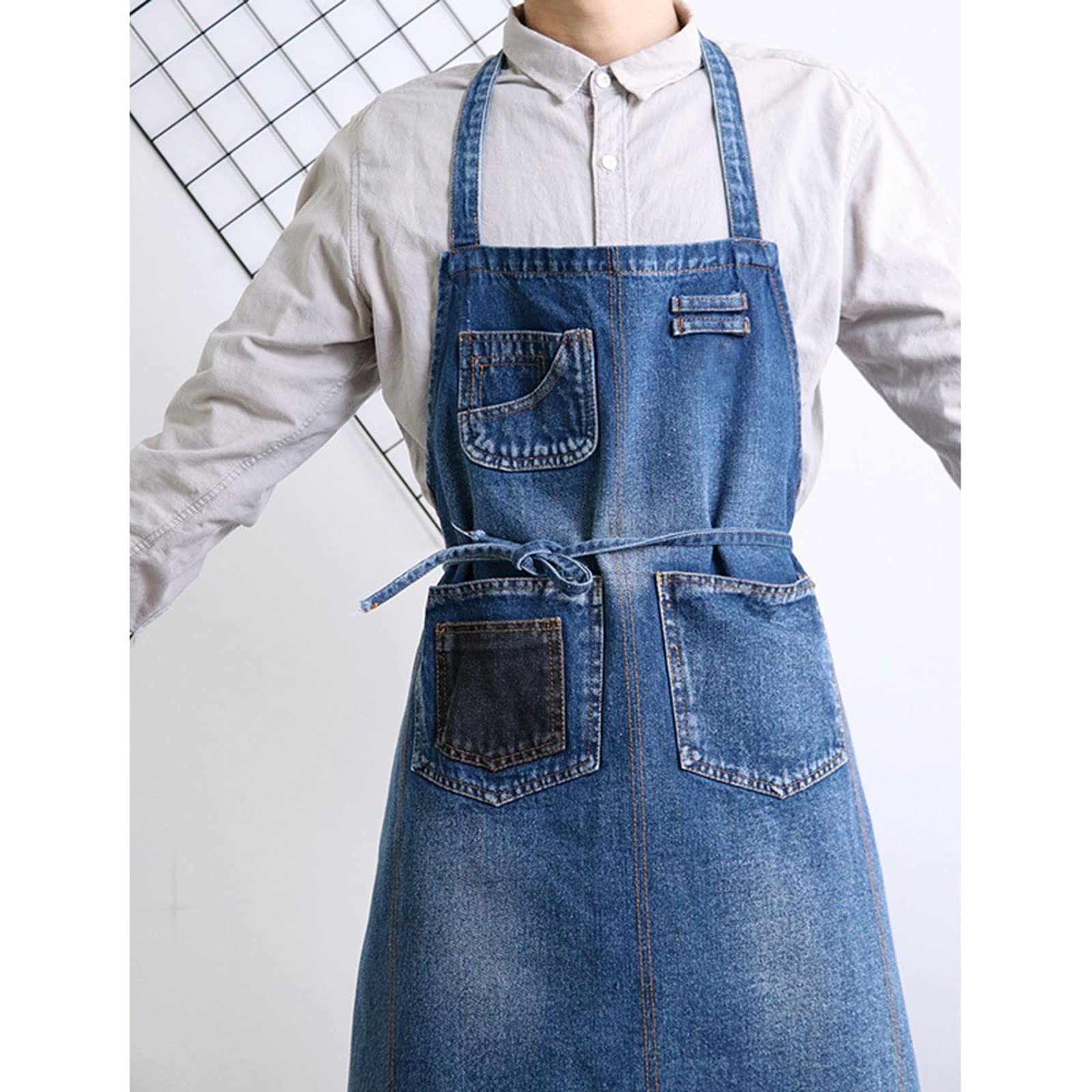 Tablier en denim délavé pour barista, travail, salon de thé, restaurant, serveur, vêtements de travail, pâtisserie, nail art, barbier (bleu), bleu, taille unique