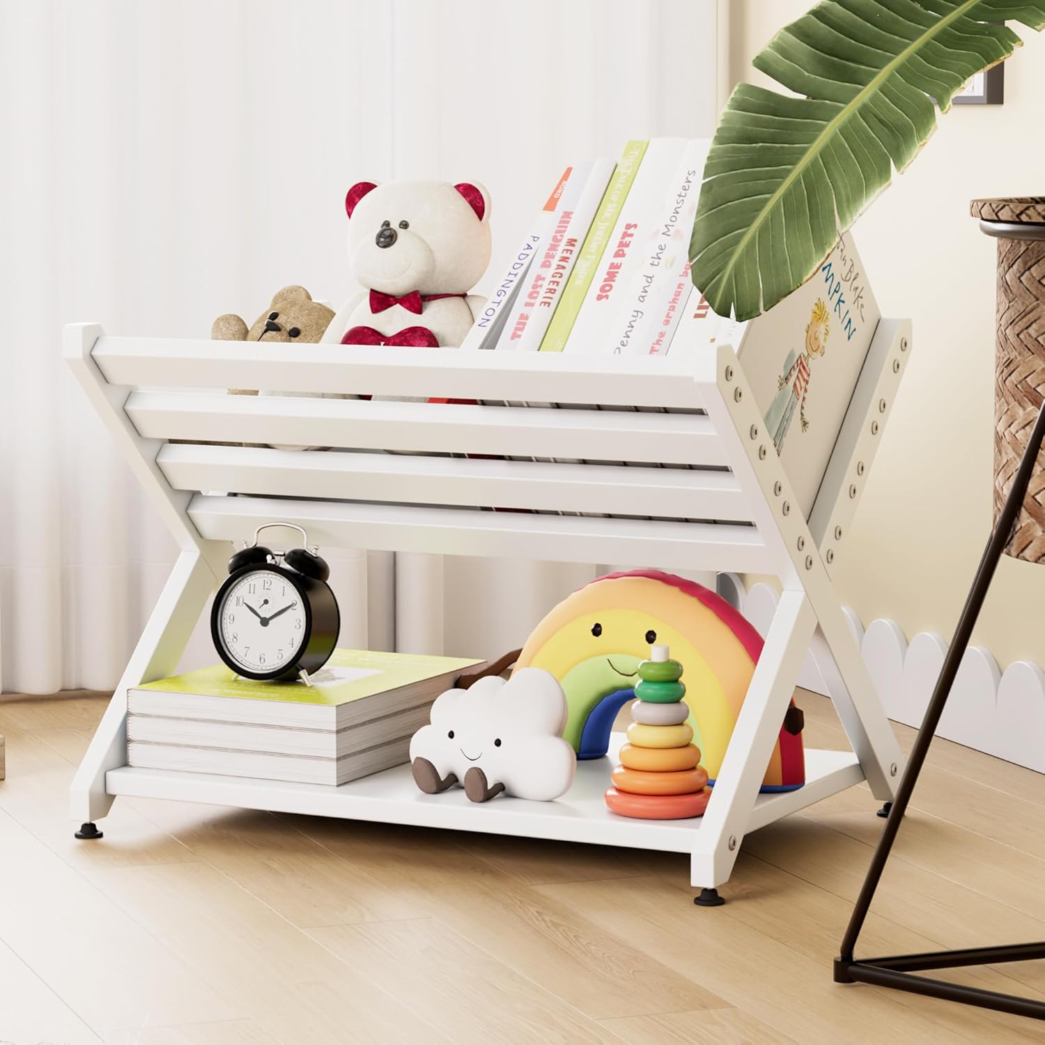 NACHES Book Caddy with Shelf Toy Storage Organizer Tilted Mini Nursery Book Rack Tabletop Desktop Holder for Toddlers, Bedroom, Playroom, Nursery, Sturdy(White X-Shape)