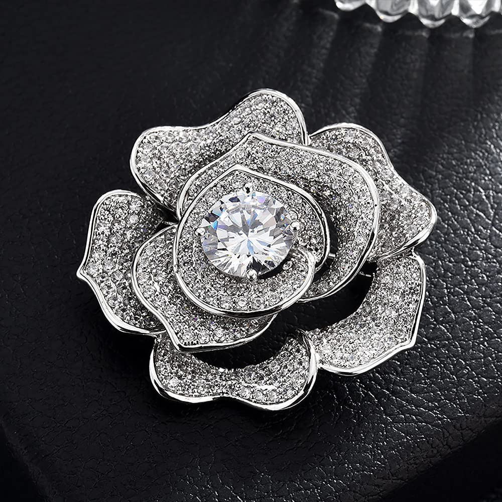 Broche con Forma de Rosa para Mujer, de circonita cúbica, para Vestido, Traje o suéter.