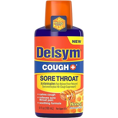 Delsym Adult Liquid, Cough Plus Sore Throat, Honey, 6 Fl Oz