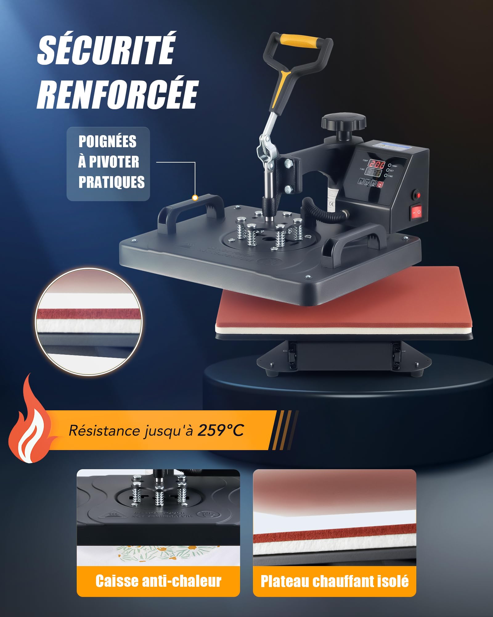 CREWORKS 11 en 1 Presse à Chaud 38x30cm Machine Transfert de Chaleur Polyvalente 1250W avec Panneau de Contrôle Digital pour T-Shirt Mug Chapeau Assiette Casquette Chaussure Stylo Baseball