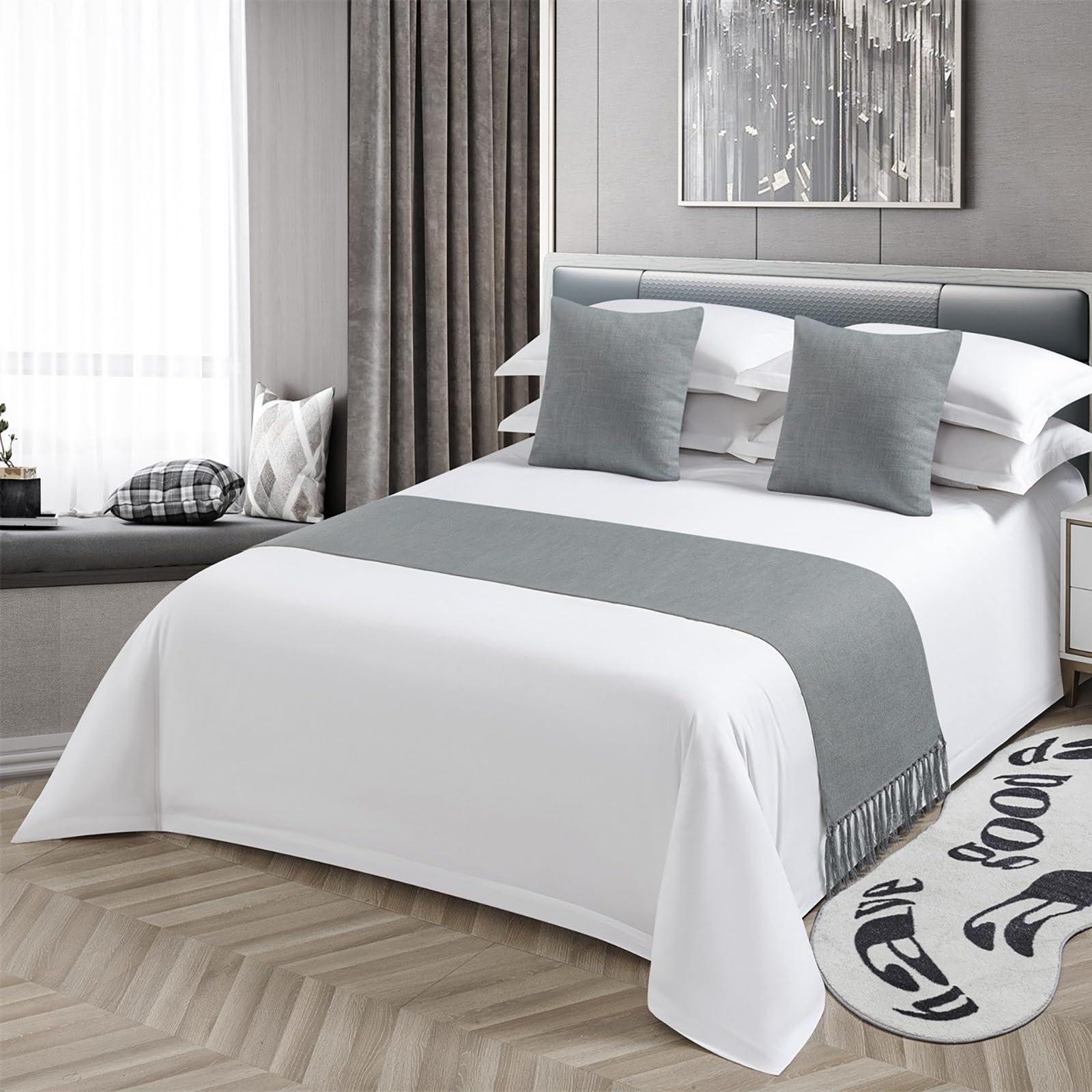 Yokqexz Embroidered Bed Scarf King Size Bed Runner With Fringe Ends Hotel Luxury Bedding Accessory For Home Decor Bedroom Decoration(Grey,50 * 50cm(Pillow Case))