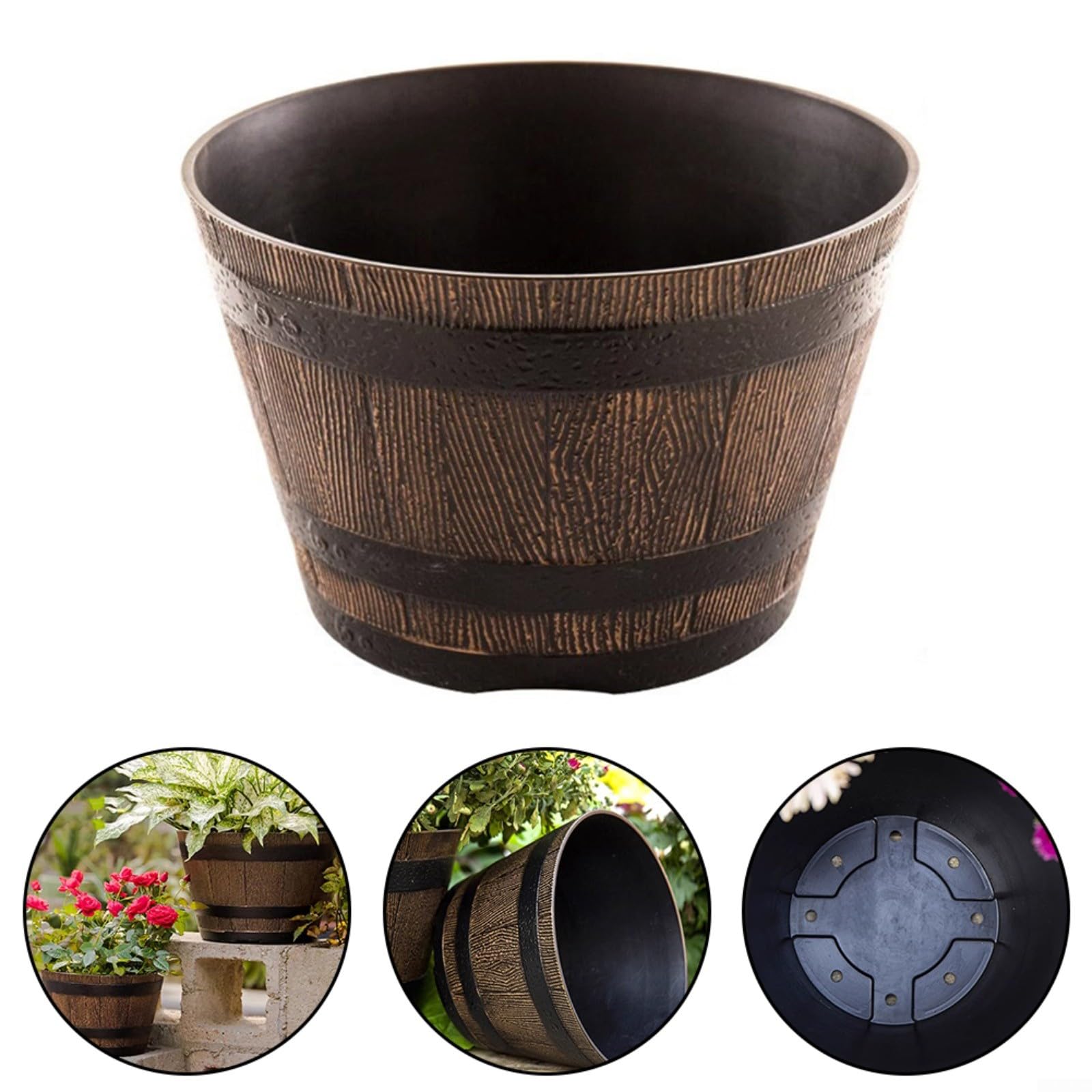 Pot de fleurs rond en résine, seau à whisky en imitation bois pour plantes grasses, herbes, fougères, jardin, terrasse, intérieur et extérieur, 31 cm (31 cm avec trous)