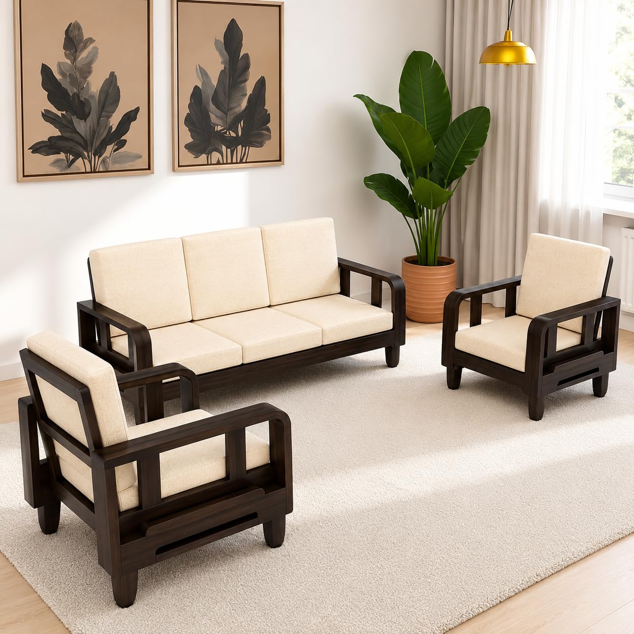 KENDALWOOD Solid Wood 5 Seater Wooden Sofa Set for Living Room | 3+1+1 Sofa Set Without Center Table | Furniture for Home & Hotels | Color - Walnut Finish with Cream Cushions - DIY(Do-It-Yourself)