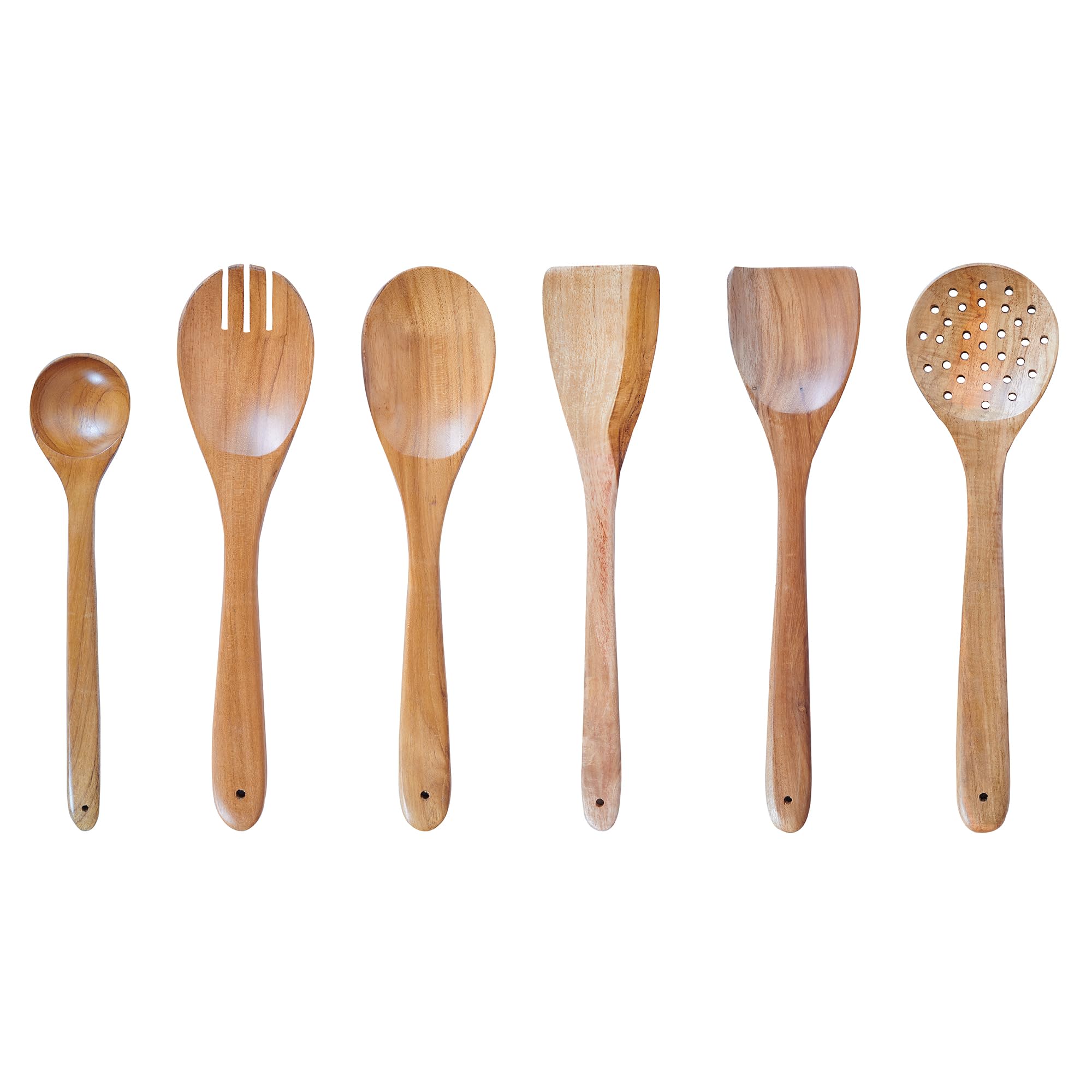 Wooden Spatula Spoons for Cooking, Utensil Set with Holder, Spoon Rest & Hooks, Teak Wood Nonstick Kitchen Cookware – 8-piece set of wooden utensils with 6 metal hooks