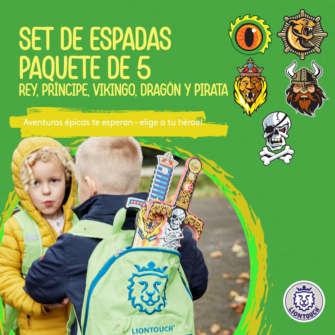Liontouch - Set Espadas de Espuma, Paquete de 5 para Niños 3+ Años | Espadas de Lucha en cinco Estilos: Dragón, Rey León, Príncipe, Pirata y Vikingo | Accesorios Seguros y Duraderos para Niños y Niñas