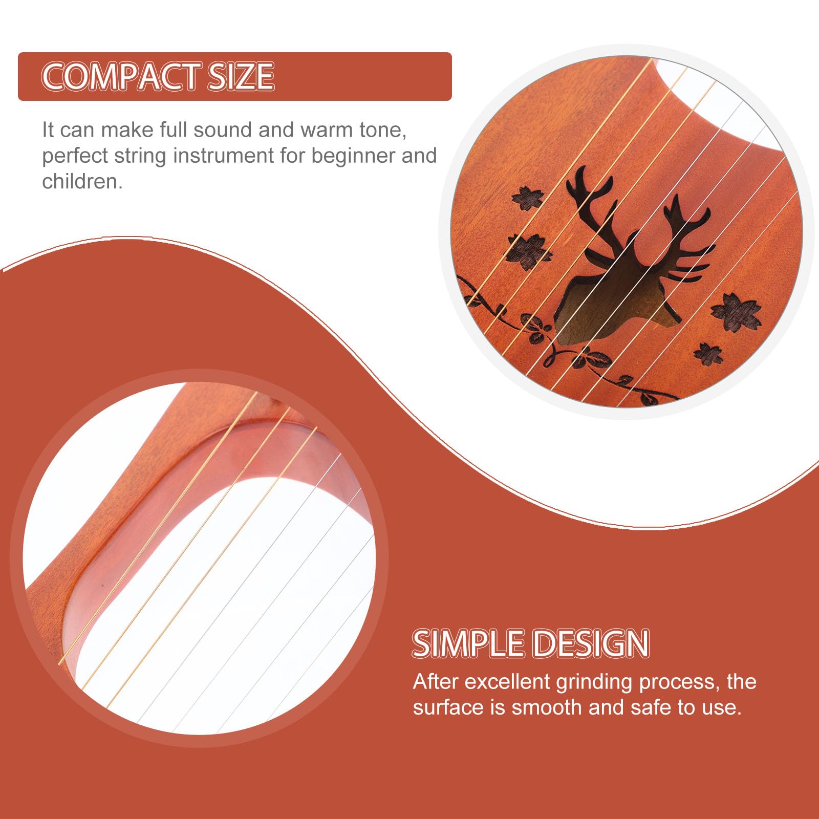 INOOMP Strumento Lira per Principianti 7 Corde in Legno e Acciaio, Suono Melodioso e Brillante, Design Portatile Bordi Arrotondati