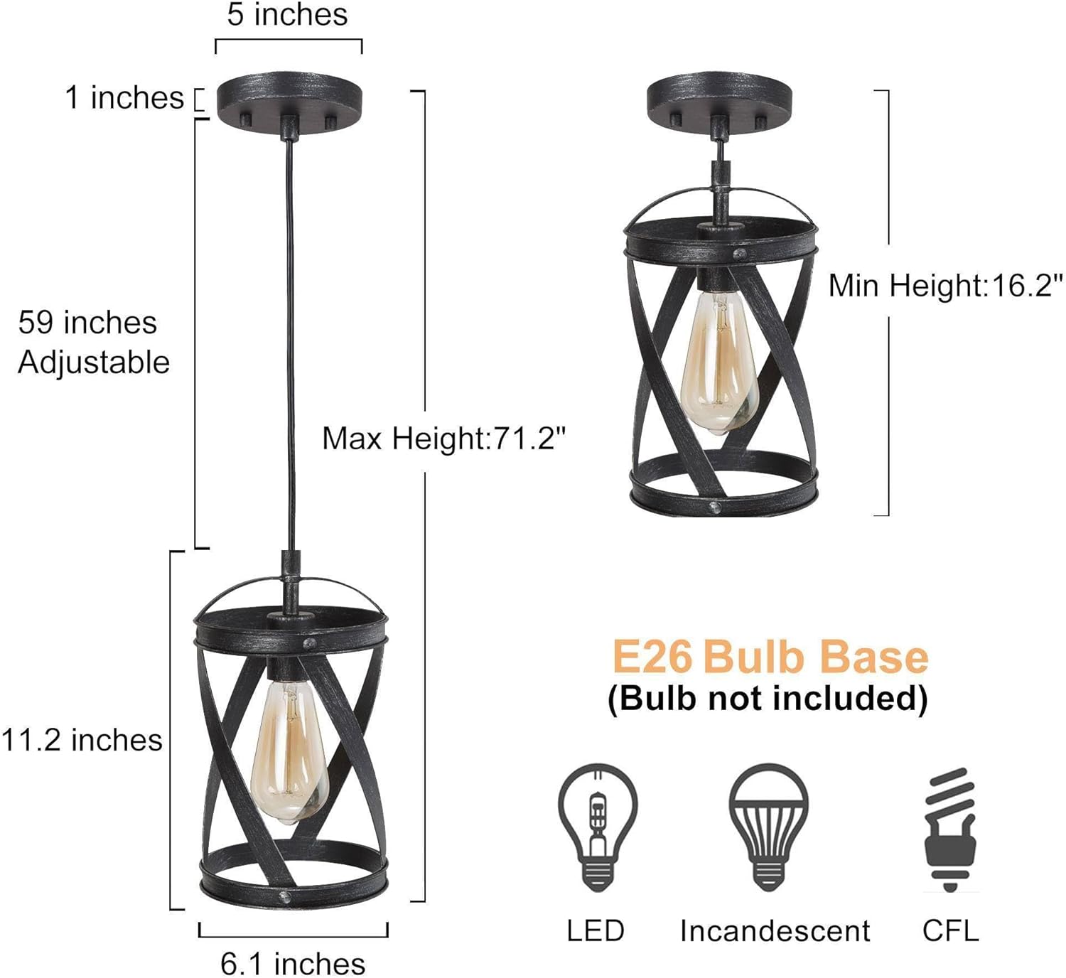 LOG BARN Farmhouse Cage Pendant Light Fixtures, Rustic Industrial Hanging Pendant Lighting with Brushed Finish for Kitchen Island, Foyer, Hallway, Bedroom and Entryway